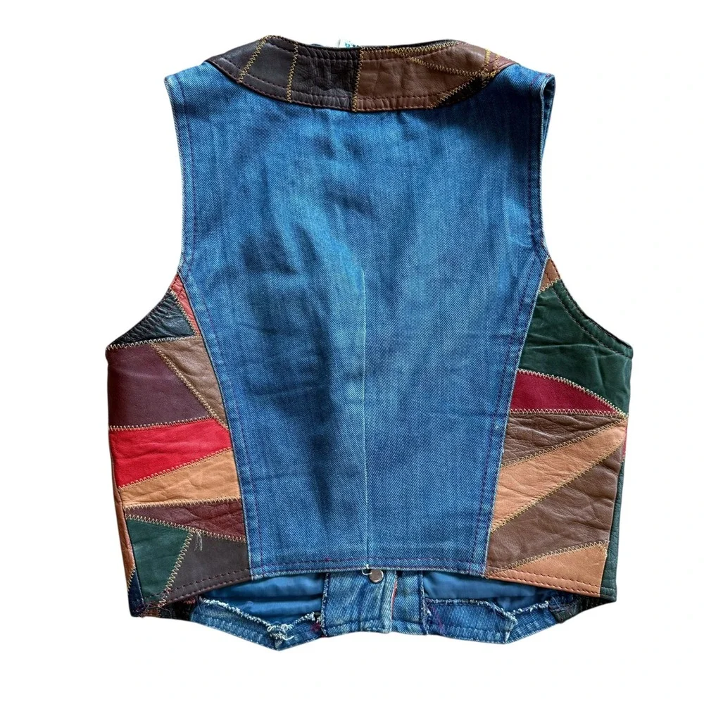 Vintage 70s Aura Denim Leather Patchwork 2 Piece Set Vest Flare Pants M 13/14 - Picture 4 of 12